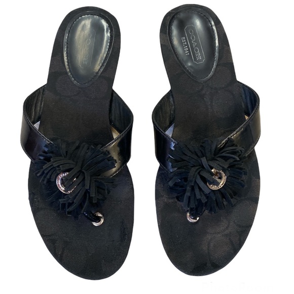 Coach Shoes - Coach Suki Black Signature Canvas Flower Thong Sandals